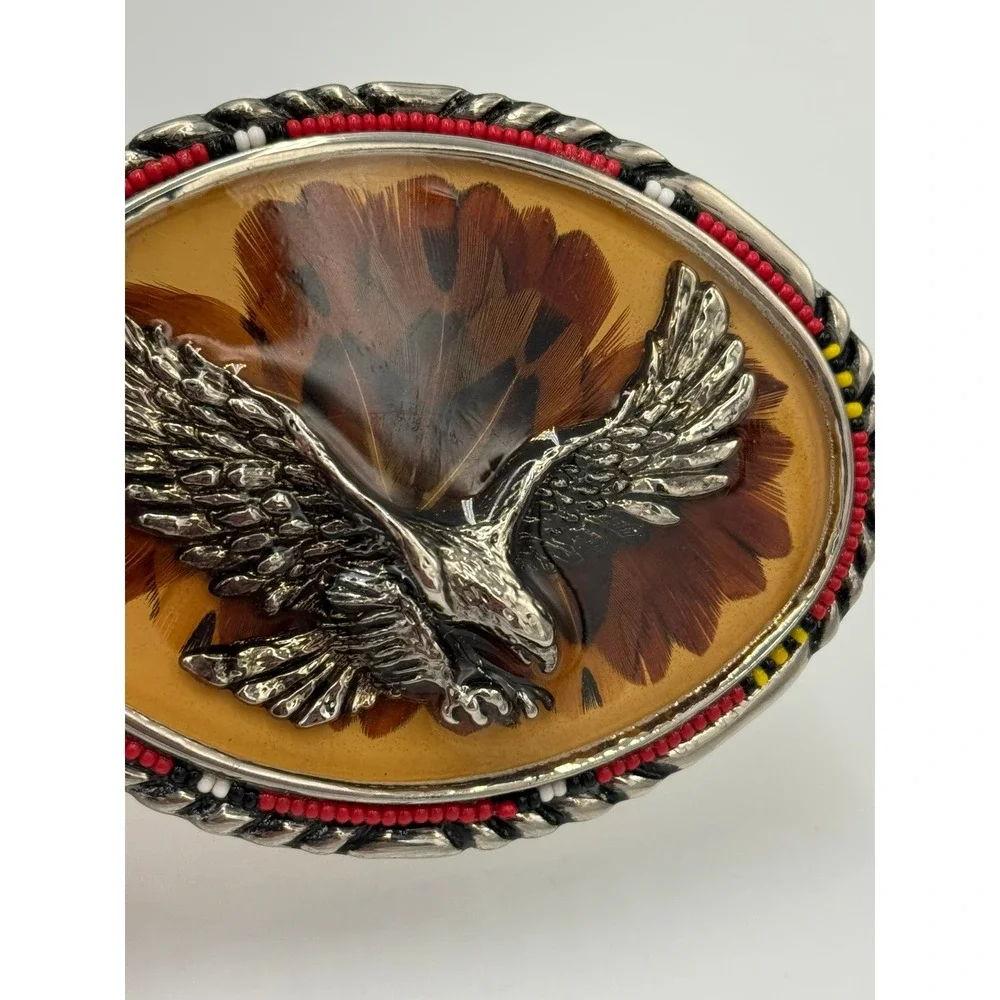 Vintage Western Eagle Feather Resin Belt Buckle Beaded Rope Edge Silver Tone